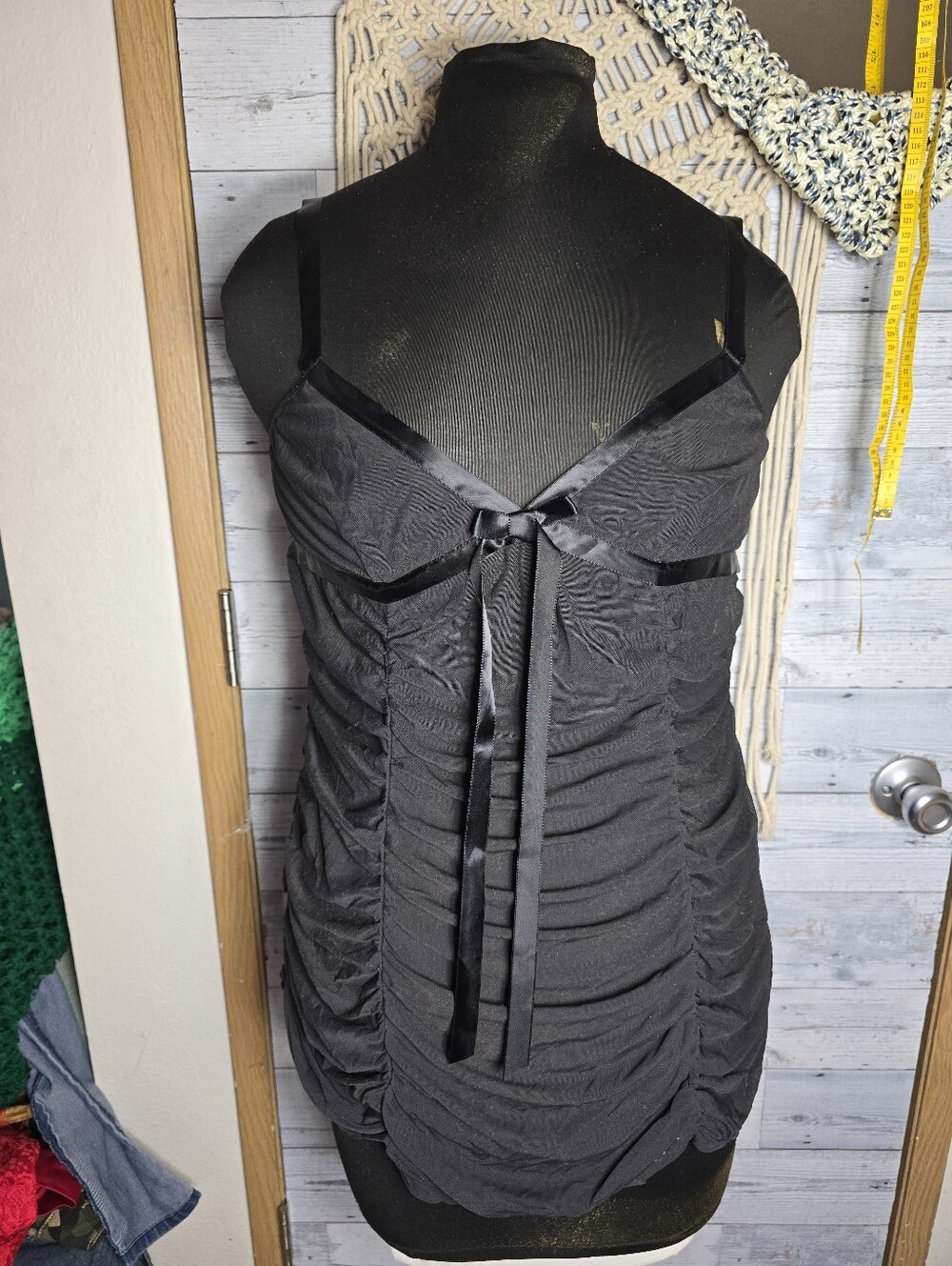 Y2K Victoria's Secret Black Ruched Sheer Babydoll Top Romantic Goth Boudoir Chic